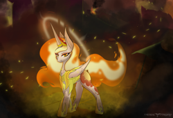 Size: 6262x4273 | Tagged: safe, artist:therealf1rebird, daybreaker, alicorn, pony, g4, alternate universe, armor, canterlot, female, fire, halo, horn, looking at you, mane, mane of fire, solo