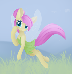 Size: 1437x1485 | Tagged: safe, artist:dusthiel, fluttershy, fairy, pony, g4, atg 2020, blush sticker, blushing, clothes, cosplay, costume, crossover, cute, digital art, ear fluff, fairy wings, female, flying, leg fluff, looking at you, newbie artist training grounds, outdoors, raised hoof, shyabetes, solo, tinkerbell, turned head, wings