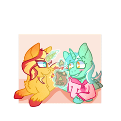 Size: 600x600 | Tagged: safe, artist:uwus, lyra heartstrings, sunset shimmer, pony, unicorn, g4, blushing, chatting, chest fluff, chips, clothes, cute, doritos, duo, eating, equestria girls ponified, female, fluffy, food, hoodie, horn, lesbian, levitation, lying down, lying on the ground, lyrabetes, lyraset, magic, ponified, shimmerbetes, shipping, shipping fuel, simple background, sleepover, telekinesis, transparent background
