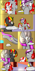 Size: 1280x2560 | Tagged: safe, artist:jimmy draws, oc, oc only, oc:annie flamme, oc:fireice, oc:ice flamme, oc:misterious jim, earth pony, pegasus, pony, unicorn, comic:prince of tartarus, angry, cheek kiss, cute, female, filly, jumping, kissing, tongue out
