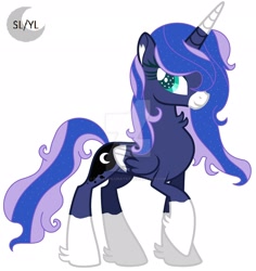 Size: 1920x2038 | Tagged: safe, artist:savannah-london, princess luna, alicorn, pony, g4, base used, chest fluff, coat markings, colored muzzle, colored wings, cute, deviantart watermark, ethereal mane, facial markings, female, hoof fluff, logo, lunabetes, mare, multicolored wings, obtrusive watermark, redesign, simple background, snip (coat marking), socks (coat markings), solo, starry eyes, starry mane, watermark, white background, wingding eyes, wings