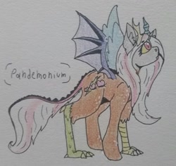 Size: 1941x1836 | Tagged: safe, artist:uwus, derpibooru exclusive, oc, oc only, draconequus, hybrid, pegasus, pony, antlers, bat wings, fluffy, interspecies offspring, mismatched wings, next generation, offspring, parent:discord, parent:fluttershy, parents:discoshy, solo, talons, traditional art, wings