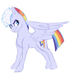 Size: 1119x1166 | Tagged: safe, alternate version, artist:whalepornoz, rainbow dash, pegasus, pony, female, g5 concept leak style, g5 concept leaks, looking back, mare, rainbow dash (g5 concept leak), redesign, simple background, smiling, smirk, solo, spread wings, white background, wings