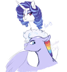 Size: 1121x1215 | Tagged: safe, artist:whalepornoz, rainbow dash, rarity, pegasus, pony, unicorn, g4, duo, female, g5 concept leak style, g5 concept leaks, looking back, mare, rainbow dash (g5 concept leak), rarity (g5 concept leak), redesign, simple background, spread wings, white background, wings