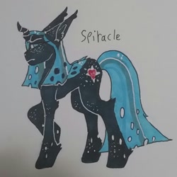 Size: 1306x1307 | Tagged: safe, artist:uwus, derpibooru exclusive, oc, oc only, oc:spiracle, changeling queen, changepony, hybrid, changeling queen oc, folded wings, interspecies offspring, magical lesbian spawn, next generation, offspring, parent:queen chrysalis, parent:twilight sparkle, parents:twisalis, solo, traditional art, wings