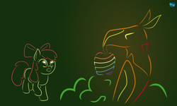 Size: 750x451 | Tagged: safe, artist:quint-t-w, apple bloom, earth pony, phoenix, pony, g4, apple, atg 2020, beak hold, bow, food, gradient background, hair bow, looking at each other, minimalist, modern art, newbie artist training grounds, open mouth, tree, zap apple