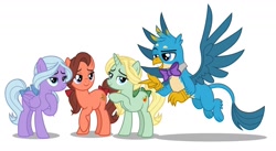Size: 1280x702 | Tagged: safe, artist:disneymarvel96, artist:frownfactory, artist:fruft, edit, vector edit, dear darling, fond feather, gallus, swoon song, earth pony, griffon, pegasus, pony, unicorn, g4, bimbettes, bowtie, female, gallus gets all the mares, male, mare, simple background, vector, white background