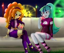 Size: 1024x848 | Tagged: safe, artist:kuya64, adagio dazzle, sonata dusk, equestria girls, equestria girls series, g4, spoiler:eqg series (season 2), boob window, bracelet, breasts, cleavage, clothes, couch, duo, duo female, female, gem, jacket, jewelry, leather jacket, siren gem, smiling, spiked headband, spiked wristband, taco dress, wristband