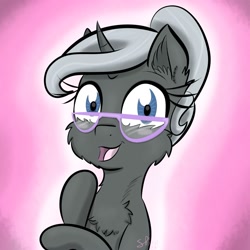 Size: 2000x2000 | Tagged: safe, artist:shinycyan, oc, oc only, pony, unicorn, blue eyes, bust, commission, glasses, grey hair, grey pony, high res, pink background, portrait, simple background, solo