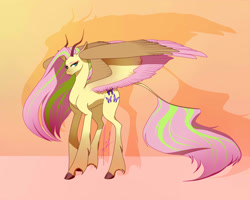 Size: 2500x2000 | Tagged: safe, artist:aggressivetea, fluttershy, pegasus, pony, g4, female, high res, horns, large wings, redesign, signature, solo, spread wings, two toned mane, wings