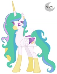 Size: 1024x1326 | Tagged: safe, artist:savannah-london, princess celestia, alicorn, pony, g4, base used, chest fluff, coat markings, colored muzzle, colored wings, cute, cutelestia, deviantart watermark, female, hoof fluff, logo, mare, multicolored mane, multicolored wings, obtrusive watermark, redesign, simple background, socks (coat markings), solo, starry eyes, watermark, white background, wingding eyes, wings