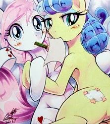 Size: 1817x2048 | Tagged: safe, artist:025aki, nurse coldheart, nurse redheart, nurse snowheart, earth pony, pony, blushing, female, lesbian, looking at you, mare, paper, pencil, shipping, traditional art