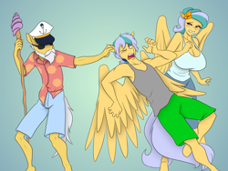 Size: 3136x2352 | Tagged: safe, artist:marauder6272, artist:pacificside18, oc, oc only, oc:conch shell, oc:jet wave, oc:pacific breeze, pegasus, anthro, unguligrade anthro, anthro oc, beard, breasts, cleavage, clothes, ear pull, facial hair, family, flower, flower in hair, grandchildren, grandfather, grandparent, hat, high res, male, moustache, shorts, staff, sunglasses, tank top, twins, wince