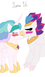Size: 1118x1920 | Tagged: safe, artist:horroraceman93, princess celestia, queen novo, alicorn, hippogriff, pony, g4, my little pony: the movie, blushing, duo, eyes closed, female, french kiss, kissing, lesbian, novolestia, shipping, simple background, tongue out, transparent background