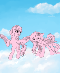 Size: 945x1134 | Tagged: safe, artist:aimmeblue, fluttershy, rainbow dash, butterfly, pegasus, pony, g4, cloud, duo, eyes closed, female, floating, floppy ears, happy, lineart, looking at someone, mare, open mouth, raised leg, reaching, sky, sky background, smiling, spread wings, standing, wings