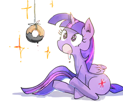 Size: 1004x857 | Tagged: safe, artist:fuyugi, twilight sparkle, alicorn, pony, g4, bait, cute, donut, drool, female, food, mare, open mouth, pixiv, simple background, sitting, solo, starry eyes, string, twiabetes, twilight sparkle (alicorn), white background, wingding eyes