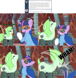 Size: 1802x1852 | Tagged: safe, twilight sparkle, oc, oc:merriweather, pony, unicorn, ask merriweather, g4, comic, evil genius twilight, female, headbutt, horn, horn ring, mare, scar