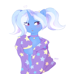 Size: 1598x1701 | Tagged: safe, artist:okity, trixie, pony, unicorn, g4, alternate hairstyle, babysitter trixie, blushing, choker, clothes, collar, female, heart, hoodie, mare, pigtails, simple background, solo, twintails, white background