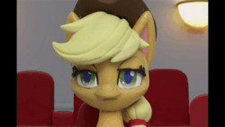 Size: 800x450 | Tagged: safe, screencap, applejack, earth pony, pony, g4.5, hat in the way, my little pony: stop motion short, animated, applejack's hat, cowboy hat, cropped, eyeroll, female, gif, hat, light, sigh, solo, stop motion, theater, theater seat