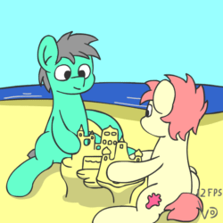 Size: 800x800 | Tagged: safe, artist:vohd, oc, oc only, earth pony, pony, animated, beach, canterlot, coral, frame by frame, male, ocean, perfect loop, sandcastle, talking