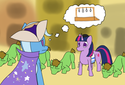 Size: 1768x1203 | Tagged: safe, artist:dzamie, trixie, twilight sparkle, pony, unicorn, g4, cape, clothes, colored, digital art, female, gallows, hamentaschen, hat, implied execution, jewish twilight, judaism, mare, newbie artist training grounds, noose, purim, tallit, trixie's cape, yarmulke