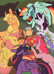 Size: 2400x3300 | Tagged: safe, artist:beyhr, applejack, fluttershy, pinkie pie, rainbow dash, rarity, spike, twilight sparkle, alicorn, dragon, earth pony, pegasus, pony, unicorn, g4, apple, basket, beanbrows, chest fluff, chips, cider, cloven hooves, colored hooves, dessert, drink, ear fluff, eyebrows, food, fruit, high res, juice, mane seven, mane six, muffin, outdoors, picnic, picnic basket, pie, potato chips, signature, twilight sparkle (alicorn), unshorn fetlocks, wing fluff, winged spike, wings