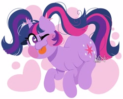 Size: 3699x2957 | Tagged: safe, artist:befishproductions, twilight sparkle, pony, unicorn, g4, ;p, alternate hairstyle, blushing, cute, female, heart eyes, high res, mare, one eye closed, pigtails, solo, tongue out, twiabetes, unicorn twilight, wingding eyes, wink