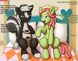 Size: 3611x2844 | Tagged: safe, artist:galacticham, tree hugger, oc, oc:zenawa skunkpony, earth pony, hybrid, pony, skunk, skunk pony, g4, bed, brownie, countershading, dialogue, drugs, eating, food, high, high res, marijuana, pale belly, pot brownies, red eyes