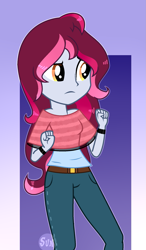 Size: 1259x2157 | Tagged: safe, artist:mint-light, oc, oc only, equestria girls, g4, abstract background, bracelet, clothes, jewelry, pants, shirt, solo