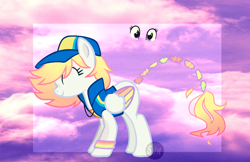 Size: 1276x827 | Tagged: safe, artist:mint-light, oc, oc only, oc:windy heart, pegasus, pony, baseball cap, braided tail, cap, clothes, cloud, eye, eyelashes, eyes, hat, pegasus oc, smiling, solo, wings