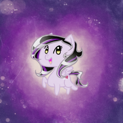 Size: 500x500 | Tagged: safe, artist:ettueem, oc, oc only, oc:reverie, pony, :d, abstract background, chibi, female, mare, open mouth, raised hoof, smiling, solo