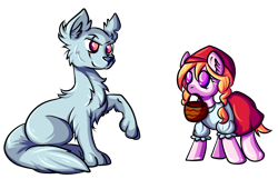 Size: 5187x3349 | Tagged: safe, artist:coco-drillo, earth pony, pony, wolf, basket, braid, cel shading, chest fluff, clothes, ear fluff, hat, little red riding hood, natg2020, newbie artist training grounds, paws, ponified, scar, simple background, skirt, transparent background