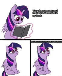 Size: 736x900 | Tagged: safe, artist:slamjam, twilight sparkle, alicorn, pony, g4, book, dialogue, female, folded wings, magic, mare, out of character, reading, sitting, solo, telekinesis, text, twilight sparkle (alicorn), wings