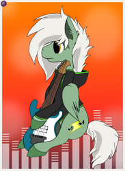 Size: 2200x3000 | Tagged: safe, artist:terminalhash, oc, oc only, oc:energytone, pegasus, pony, abstract background, clothes, equalizer, guitar, high res, hoodie, musical instrument, solo