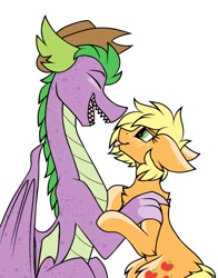 Size: 1100x1400 | Tagged: safe, artist:pegacousinceles, applejack, spike, dragon, earth pony, pony, g4, :p, accessory swap, applejack's hat, chest fluff, cowboy hat, cute, female, hat, male, older, older spike, sharp teeth, ship:applespike, shipping, simple background, straight, teeth, tongue out, white background