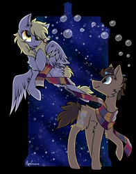 Size: 1100x1400 | Tagged: safe, artist:pegacousinceles, derpy hooves, doctor whooves, time turner, earth pony, pegasus, pony, g4, bubble, clothes, doctor who, fourth doctor's scarf, scarf, stars, striped scarf, tardis