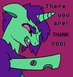 Size: 585x610 | Tagged: safe, artist:buttercupsaiyan, edit, oc, oc only, oc:cryptic, oc:pupa, changeling, hybrid, moth, mothpony, original species, green changeling, ms paint, purple background, simple background, smiling, thank you