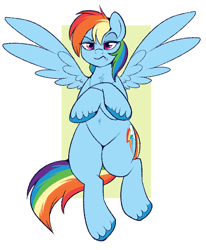 Size: 658x800 | Tagged: safe, artist:lulubell, rainbow dash, pegasus, pony, g4, abstract background, annoyed, chest fluff, crossed hooves, female, mare, rainbow dash is not amused, solo, unamused, unshorn fetlocks