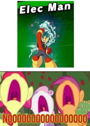 Size: 358x500 | Tagged: safe, edit, edited screencap, screencap, apple bloom, scootaloo, sweetie belle, g4, hearts and hooves day (episode), barely pony related, big no, cutie mark crusaders, elec man, mega man (series), op is a duck, op is trying to start shit, related, spirit, super smash bros., super smash bros. ultimate