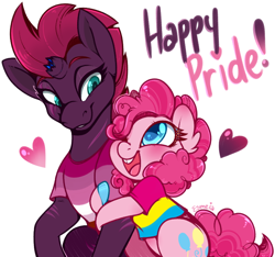 Size: 720x674 | Tagged: safe, artist:esmeia, pinkie pie, tempest shadow, earth pony, pony, unicorn, g4, blushing, broken horn, clothes, colored hooves, duo, duo female, female, grin, headcanon, heart, horn, lesbian, lesbian pride flag, mare, one eye closed, open mouth, open smile, pansexual pride flag, pride, pride flag, pride month, sexuality headcanon, shipping, shirt, simple background, smiling, t-shirt, teeth, tempestpie, white background