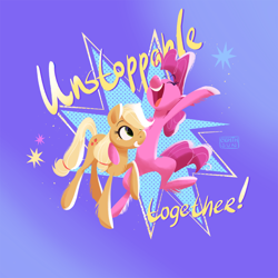 Size: 900x900 | Tagged: safe, artist:eighthsun, applejack, pinkie pie, earth pony, pony, g4, duo, eyes closed, female, hatless, leg fluff, mare, missing accessory, open mouth, smiling, text