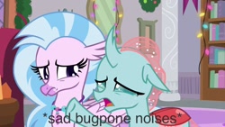 Size: 1280x720 | Tagged: safe, edit, edited screencap, screencap, ocellus, silverstream, changeling, classical hippogriff, hippogriff, g4, the hearth's warming club, crying, cute, descriptive noise, diaocelles, diastreamies, duo, sad, sadorable