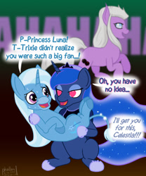 Size: 1000x1200 | Tagged: safe, artist:phallen1, princess luna, trixie, oc, oc:puck, alicorn, donkey, pony, g4, a midsummer night's dream, atg 2020, bridal carry, carrying, dialogue, donkeycorn, donkified, female, heart eyes, lesbian, luxie, mind control, newbie artist training grounds, shipping, species swap, sweat, want it need it, wingding eyes