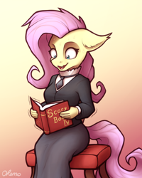 Size: 1600x2000 | Tagged: safe, artist:ohemo, fluttershy, bat pony, anthro, g4, atg 2020, bat ponified, book, breasts, busty fluttershy, fangs, female, flutterbat, fluttergoth, newbie artist training grounds, open mouth, race swap, reading, scared, shaking, sitting, solo, sweat, sweating profusely