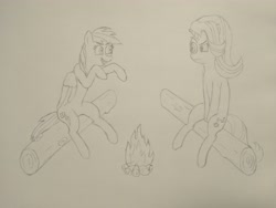 Size: 4096x3072 | Tagged: safe, artist:pianocube, rainbow dash, starlight glimmer, pony, g4, atg 2020, campfire, log, newbie artist training grounds, pencil drawing, traditional art