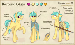 Size: 7983x4831 | Tagged: safe, artist:helmie-art, oc, oc only, oc:karoline skies, earth pony, pony, blank flank, cloak, clothes, fantasy, female, freckles, full body, happy, magenta eyes, mare, reference sheet, solo, yellow