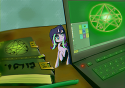 Size: 3000x2113 | Tagged: safe, artist:mistleinn, starlight glimmer, pony, g4, book, computer, female, hidden eyes, high res, laptop computer, looking at you, raised hoof, ritual, solo