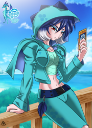 Size: 800x1111 | Tagged: safe, artist:mauroz, edit, editor:drakeyc, princess ember, human, g4, bedroom eyes, belly button, belt, blue-eyes white dragon, breasts, busty princess ember, clothes, eyeshadow, female, freckles, hoodie, humanized, leaning, lidded eyes, looking at you, makeup, midriff, solo, wide hips, yu-gi-oh!, yugioh card