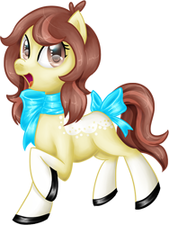 Size: 502x668 | Tagged: safe, artist:ettueem, oc, oc only, earth pony, pony, bow, bowtie, coat markings, colored hooves, earth pony oc, female, mare, open mouth, simple background, smiling, socks (coat markings), tail bow, transparent background