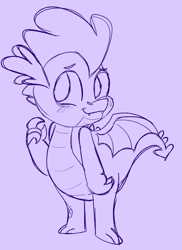 Size: 623x858 | Tagged: safe, artist:woollily, spike, dragon, g4, blushing, cute, cute little fangs, fangs, looking at you, male, monochrome, purple background, simple background, smiling, solo, spikabetes, spread wings, winged spike, wings